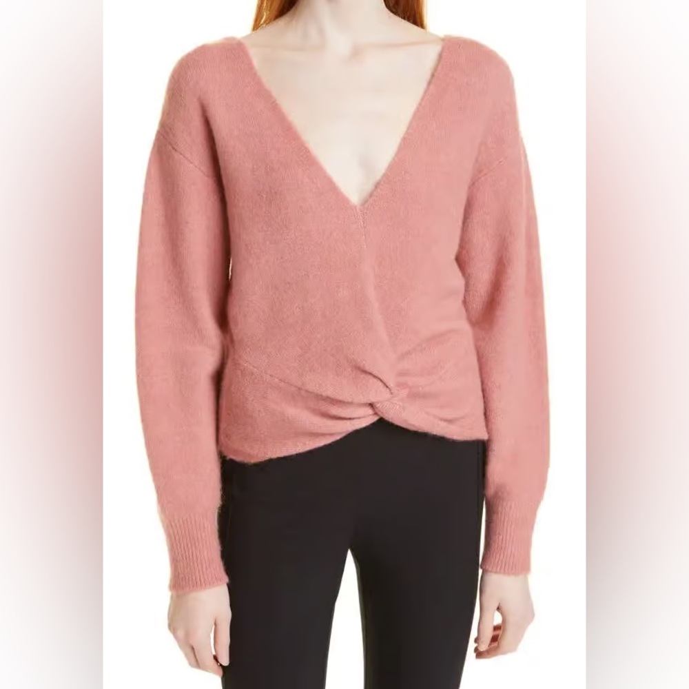 CINQ À SEPT Alisa Twist Hem V-Neck Wool Blend Sweater Rise Pink size Large